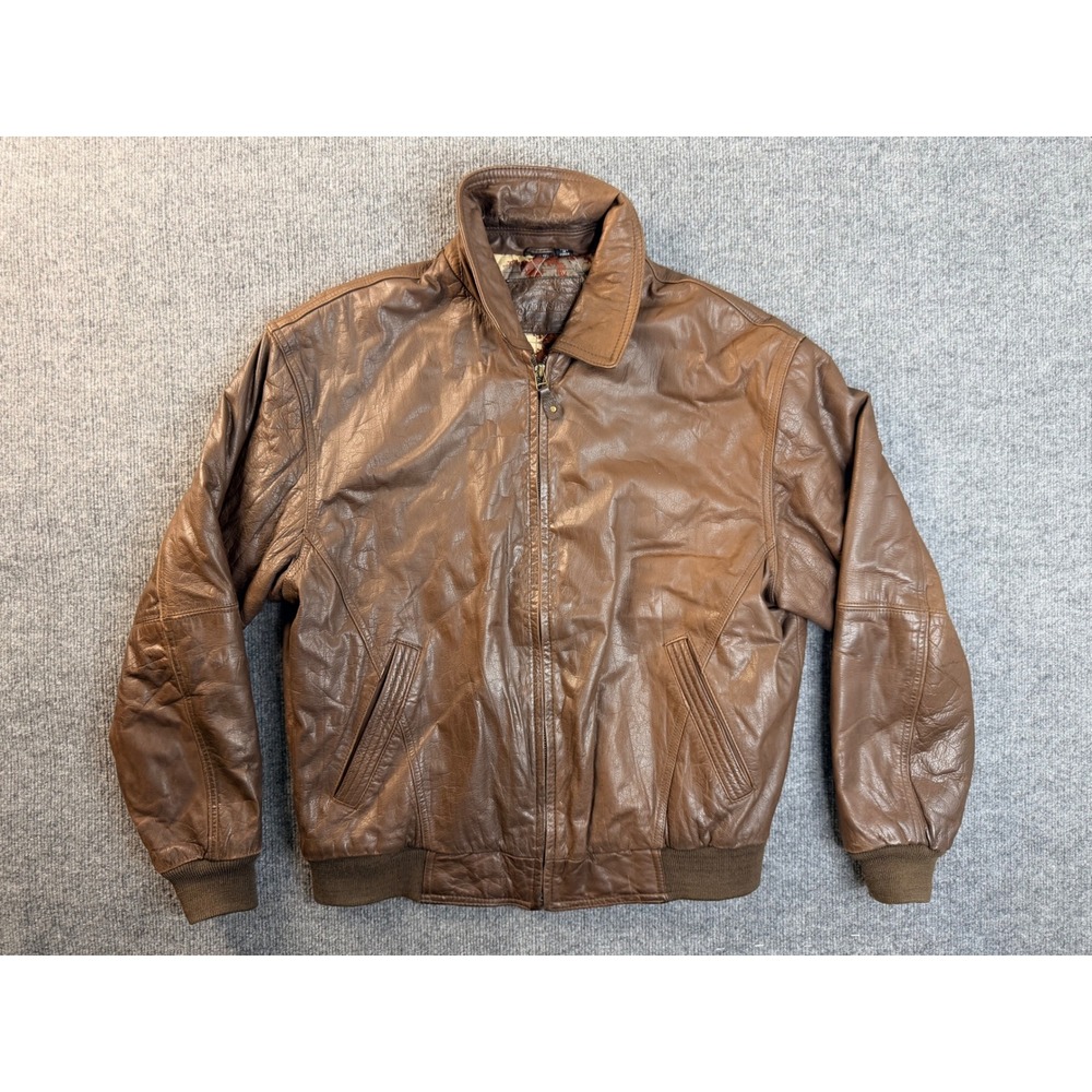 Vintage St Johns Bay Mens L Brown Leather Bomber Jacket Quilted Map Lining Korea